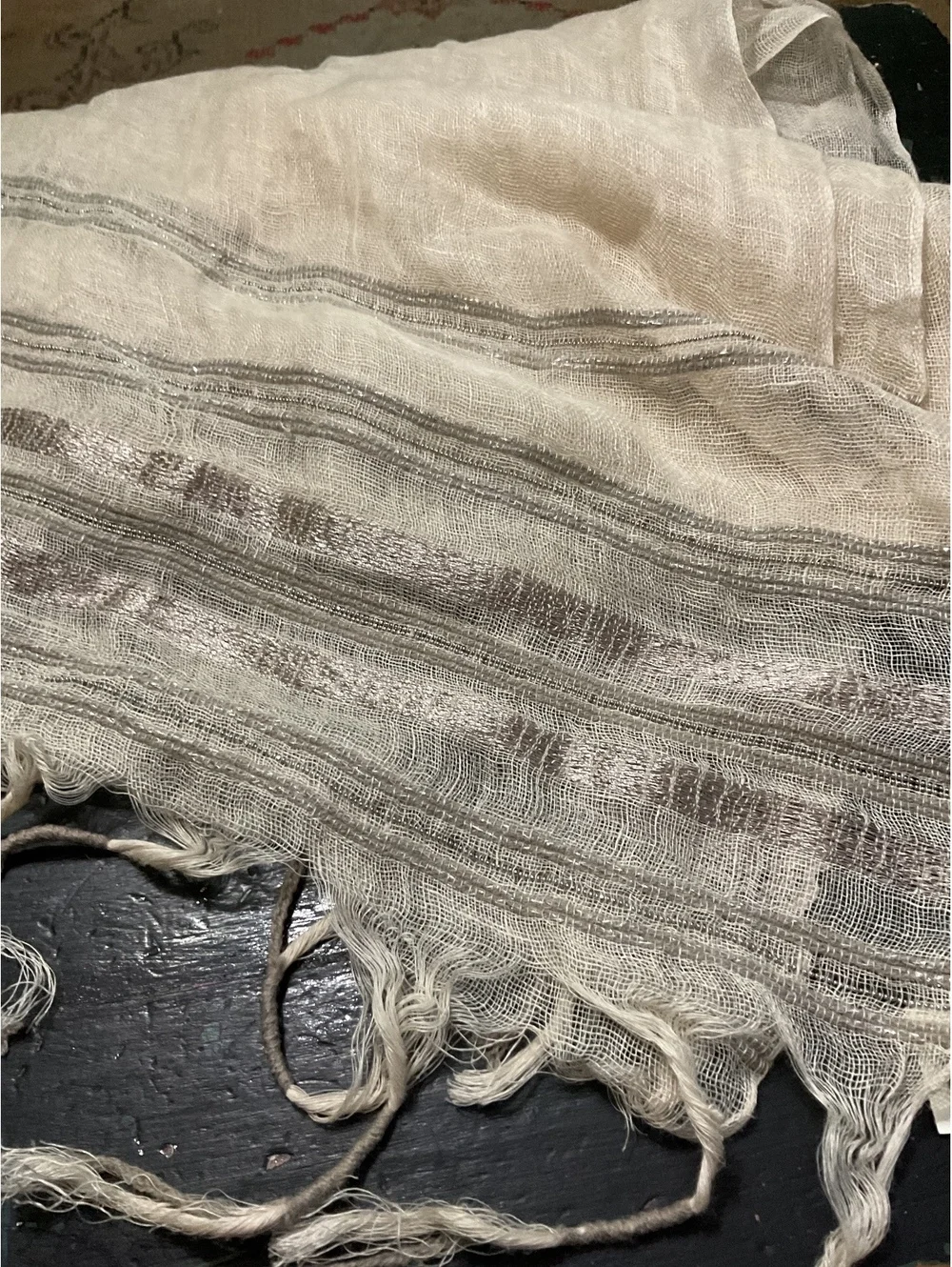 Talbots Lightweight  Linen Beige and Silver Metallic Striped Scarf with Fringe